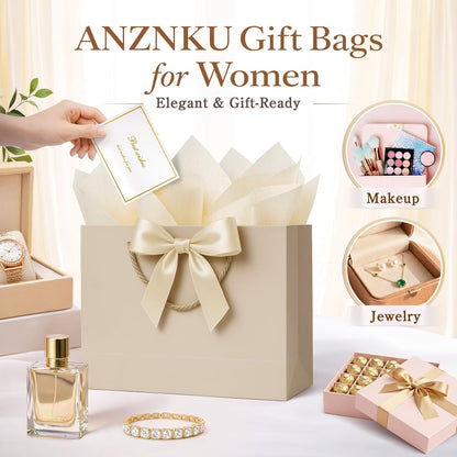 Gift Bags Medium with Handles 2PCS for Wedding Birthday(Champagne) | With 4 Tissue Paper 2 Ribbons 2 Cards, Cute Gifts Wrap Bag for Women Men Girls Bridal Baby Shower Engagement & Anniversary