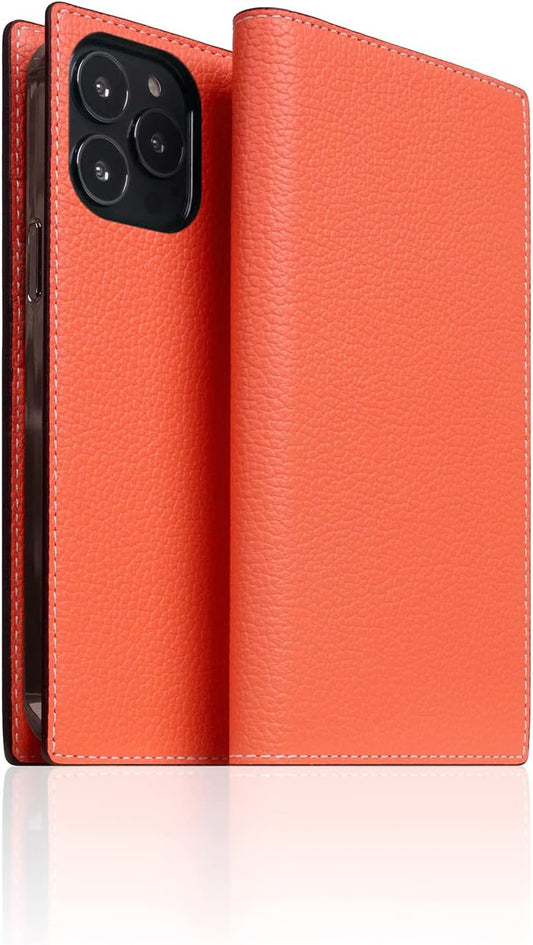 D8 Neon Full Grain Leather Wallet Case for iPhone 14 Pro Max - Handcrafted Diary Style with Card Holders and Side Cash Pocket, Gift Box Included (Coral)