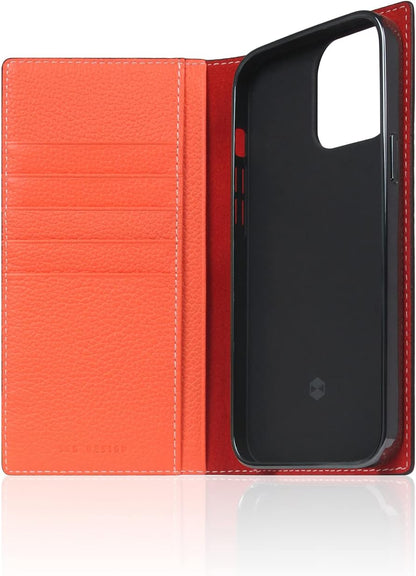 D8 Neon Full Grain Leather Wallet Case for iPhone 14 Pro Max - Handcrafted Diary Style with Card Holders and Side Cash Pocket, Gift Box Included (Coral)