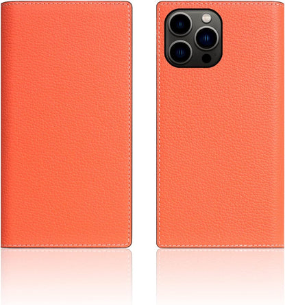 D8 Neon Full Grain Leather Wallet Case for iPhone 14 Pro Max - Handcrafted Diary Style with Card Holders and Side Cash Pocket, Gift Box Included (Coral)