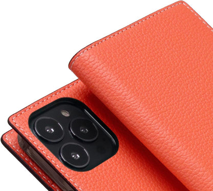 D8 Neon Full Grain Leather Wallet Case for iPhone 14 Pro Max - Handcrafted Diary Style with Card Holders and Side Cash Pocket, Gift Box Included (Coral)