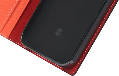 D8 Neon Full Grain Leather Wallet Case for iPhone 14 Pro Max - Handcrafted Diary Style with Card Holders and Side Cash Pocket, Gift Box Included (Coral)