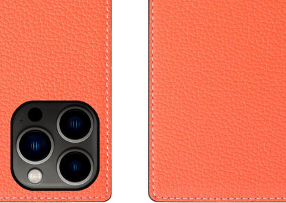 D8 Neon Full Grain Leather Wallet Case for iPhone 14 Pro Max - Handcrafted Diary Style with Card Holders and Side Cash Pocket, Gift Box Included (Coral)