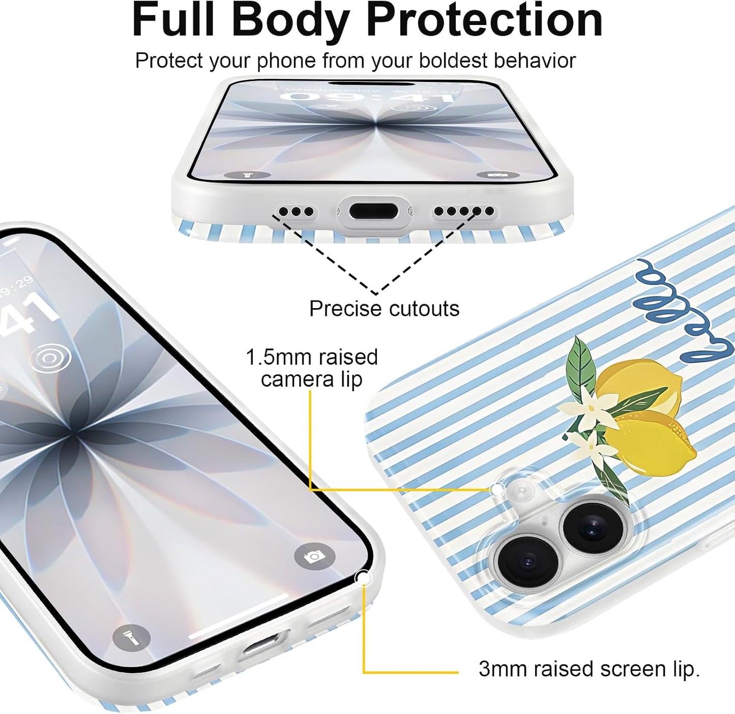 Summer Striped Lemon Phone Case for iPhone 17 6.3", Aesthetic Trendy Simple Design Women Girly Case Gloss Translucent Cover Shockproof Soft TPU Funda, Blue