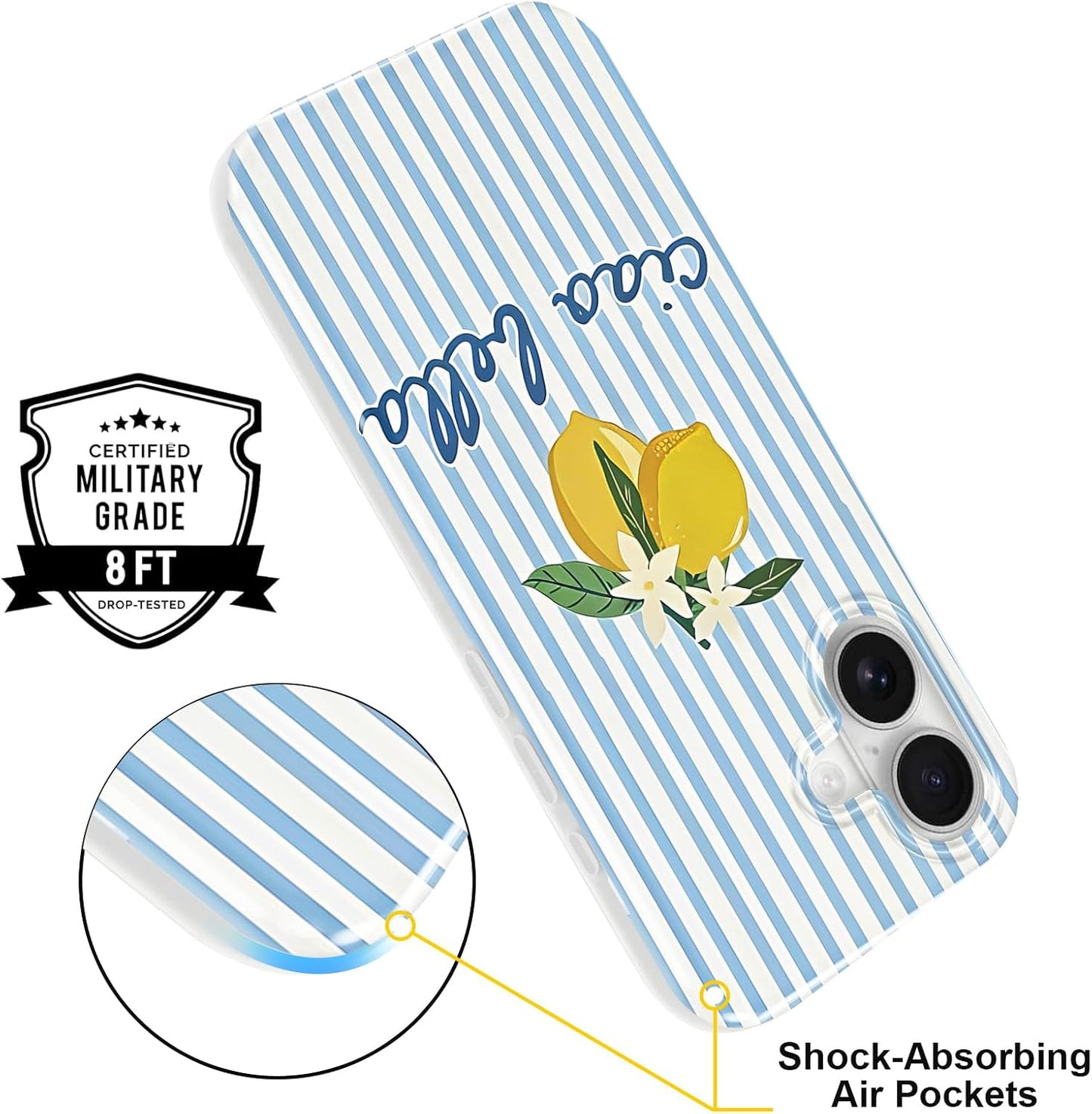 Summer Striped Lemon Phone Case for iPhone 17 6.3", Aesthetic Trendy Simple Design Women Girly Case Gloss Translucent Cover Shockproof Soft TPU Funda, Blue
