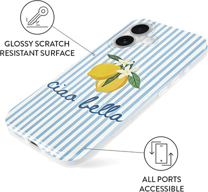 Summer Striped Lemon Phone Case for iPhone 17 6.3", Aesthetic Trendy Simple Design Women Girly Case Gloss Translucent Cover Shockproof Soft TPU Funda, Blue