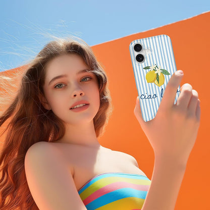 Summer Striped Lemon Phone Case for iPhone 17 6.3", Aesthetic Trendy Simple Design Women Girly Case Gloss Translucent Cover Shockproof Soft TPU Funda, Blue
