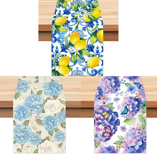 6 Pieces Disposable Plastic Lemon & Blue Hydrangea Themed Table Runners 3 Distinct Burlap Style Fresh Designs 14 x 108 Inches Colorful Table Decor for Summer Party Wedding Brunch Picnic Home Dining