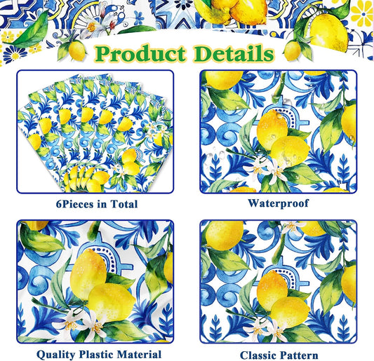 6 Pieces Disposable Plastic Lemon & Blue Hydrangea Themed Table Runners 3 Distinct Burlap Style Fresh Designs 14 x 108 Inches Colorful Table Decor for Summer Party Wedding Brunch Picnic Home Dining