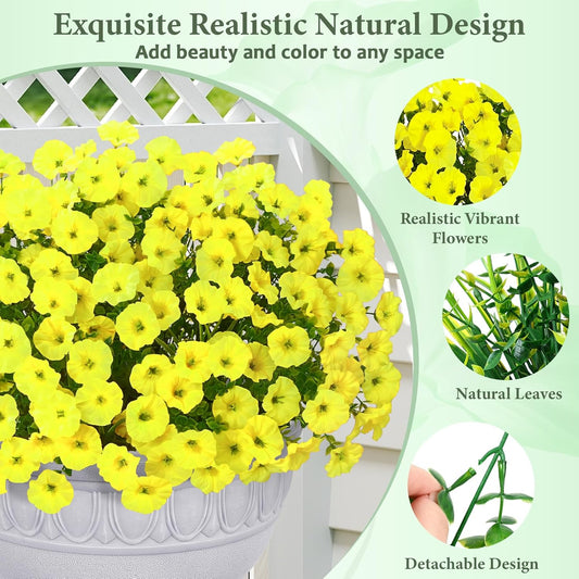 14 Bundles Artificial Flowers for Outdoors, Fake Outdoor Flowers(Yellow) | UV Resistant Faux Fall Flowers for outdoor planters, Realistic Silk Petunia Flowers for Outside Garden Porch Patio Yard Decor