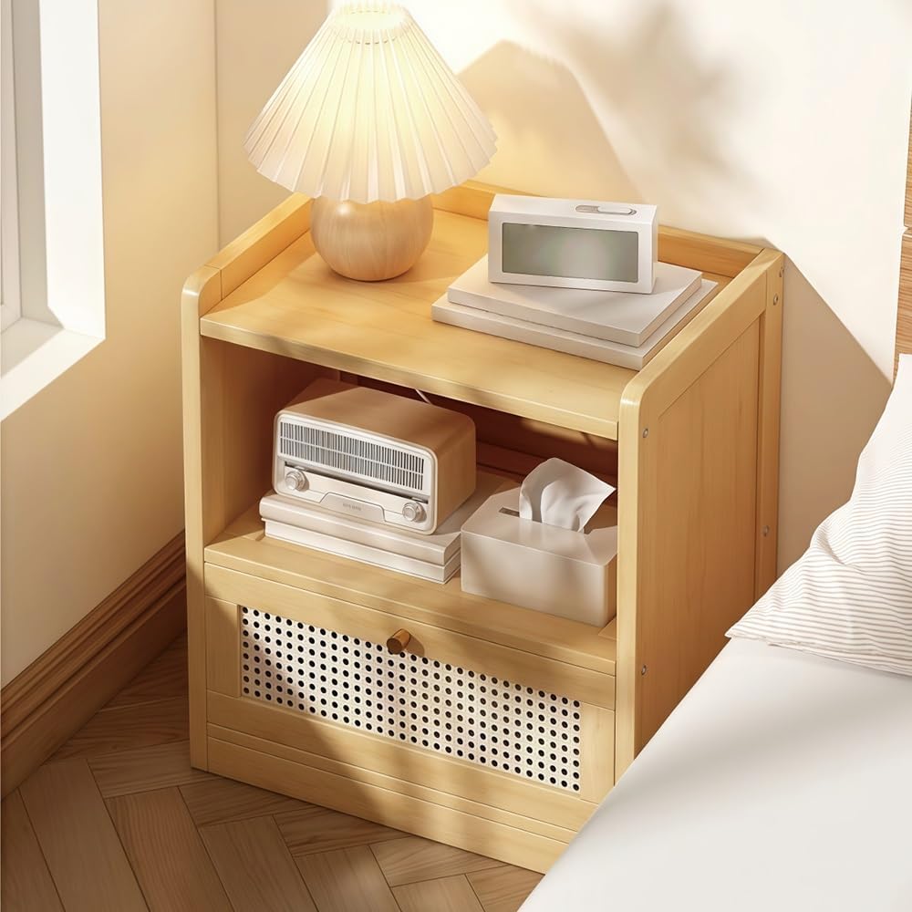Modern Bedside Table with Storage, Compact Nightstand for Bedroom, Space-Saving Side Table with Open Shelf for Bed, Sofa or Small Spaces(Yellow,17.7in)