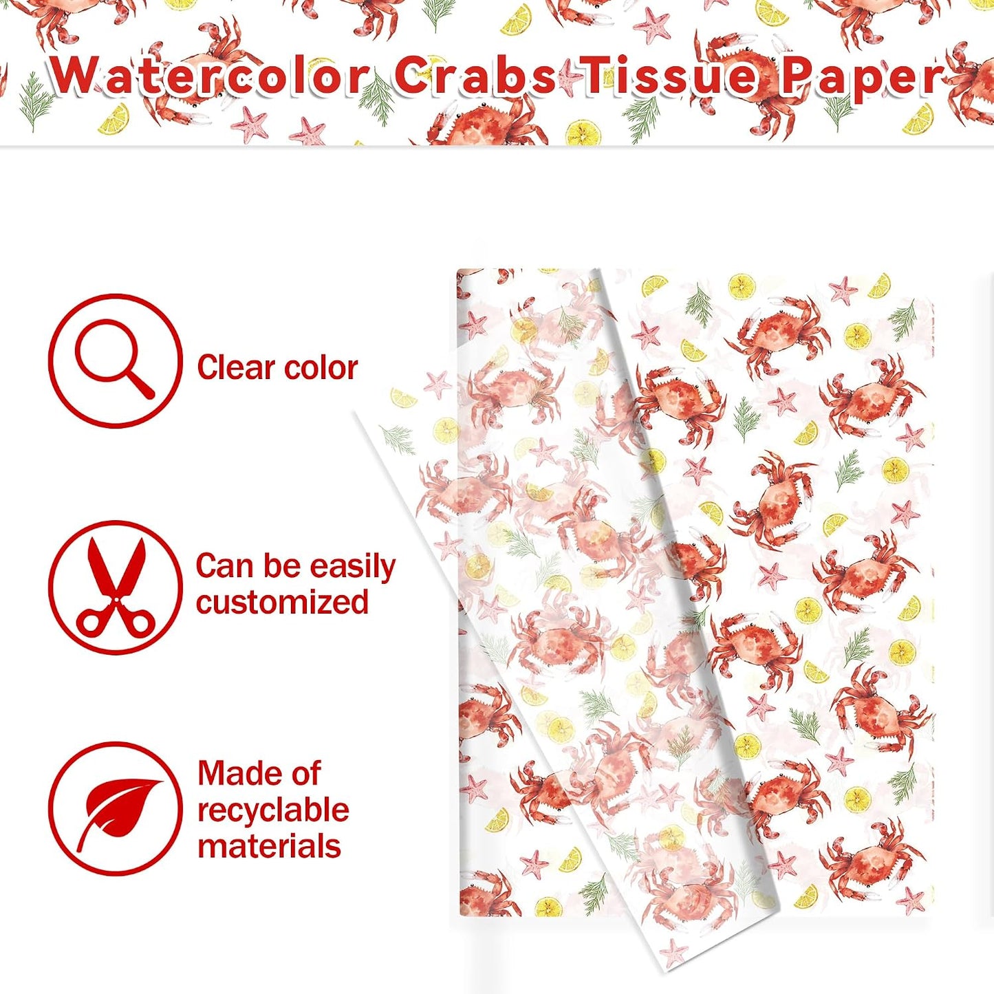 100 Sheets Red Crab Tissue Paper Seafood Theme Crab Pattern Wrapping Tissue DIY Art Crafts Paper for Birthday Summer Sea Beach Baby Shower Party Decorations (13.8 x 19.7 inches)