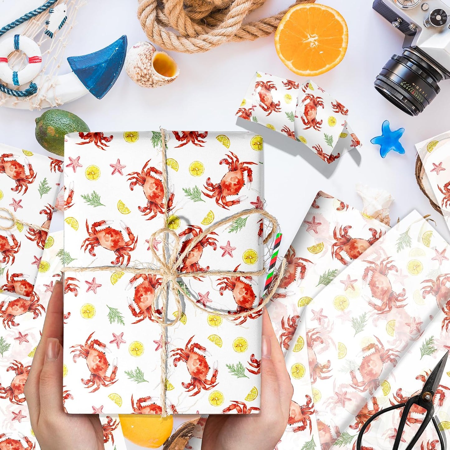 100 Sheets Red Crab Tissue Paper Seafood Theme Crab Pattern Wrapping Tissue DIY Art Crafts Paper for Birthday Summer Sea Beach Baby Shower Party Decorations (13.8 x 19.7 inches)