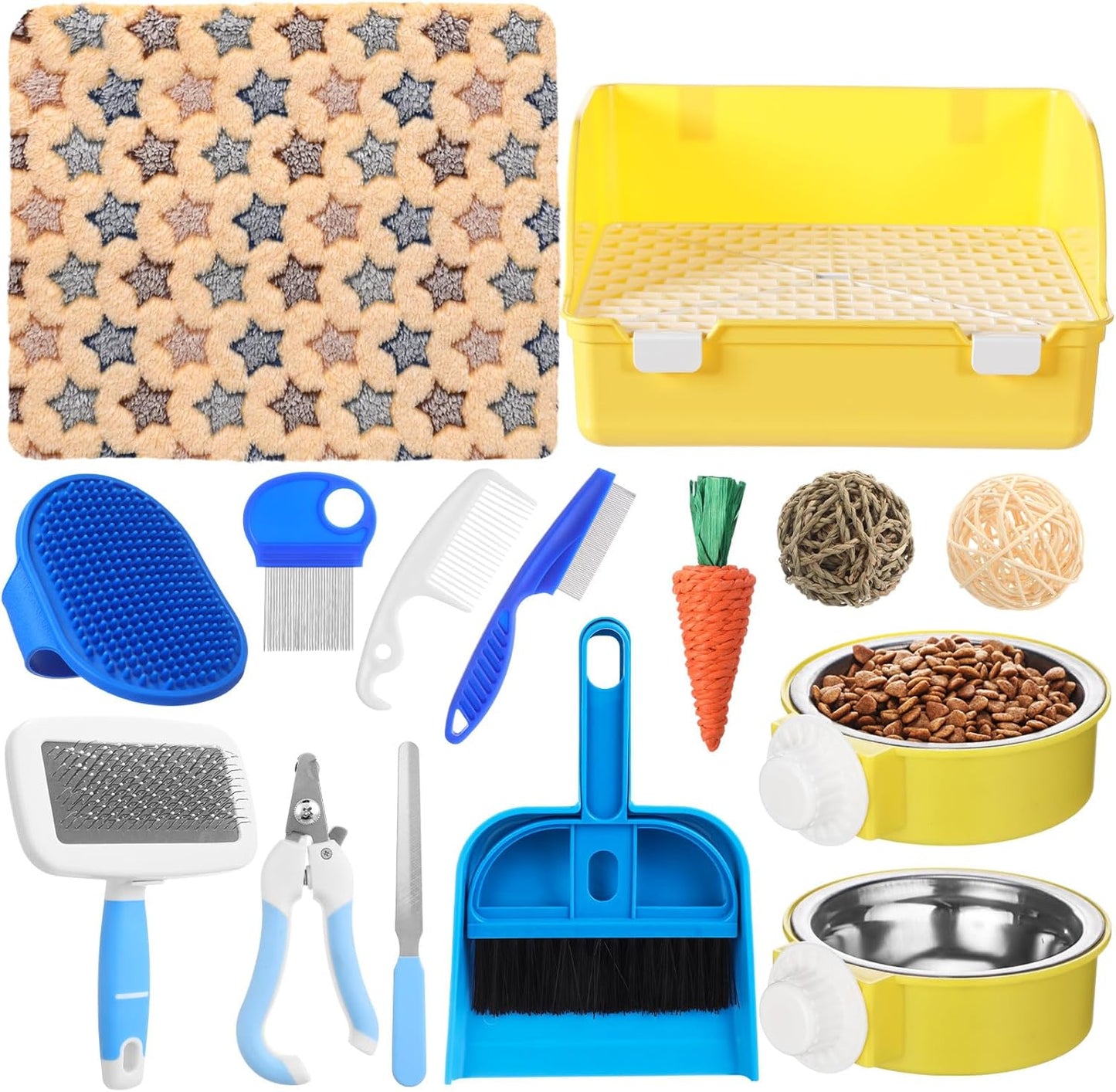 15 Pcs Rabbit Starter Kit Small Rabbit Litter Box Girls Gift Animal Grooming Kit Bunny Toys Bowl Blankets with Cleaning Set for Guinea Pig Accessories(Yellow)