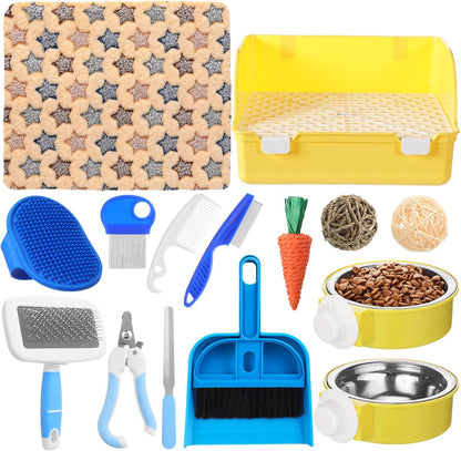 15 Pcs Rabbit Starter Kit Small Rabbit Litter Box Girls Gift Animal Grooming Kit Bunny Toys Bowl Blankets with Cleaning Set for Guinea Pig Accessories(Yellow)