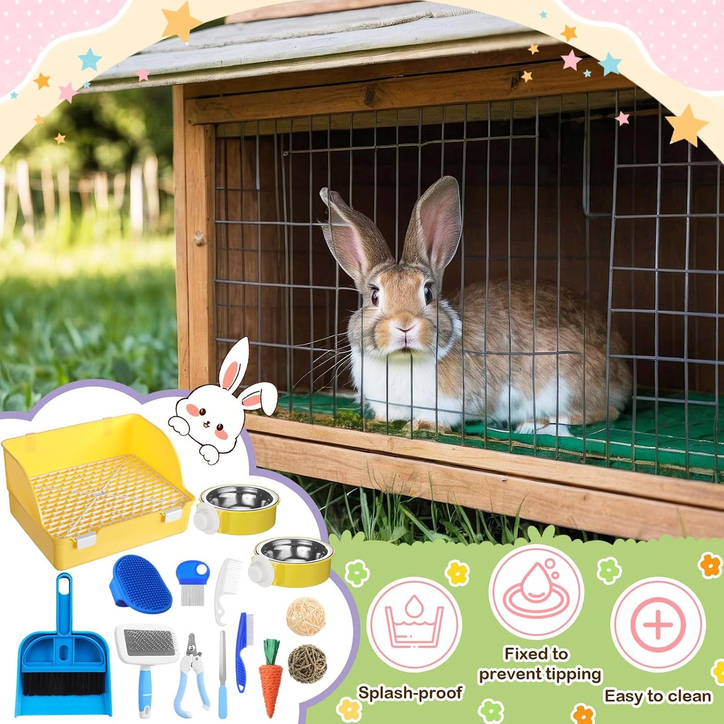 15 Pcs Rabbit Starter Kit Small Rabbit Litter Box Girls Gift Animal Grooming Kit Bunny Toys Bowl Blankets with Cleaning Set for Guinea Pig Accessories(Yellow)