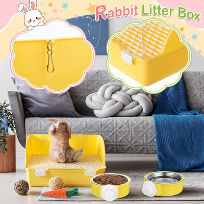 15 Pcs Rabbit Starter Kit Small Rabbit Litter Box Girls Gift Animal Grooming Kit Bunny Toys Bowl Blankets with Cleaning Set for Guinea Pig Accessories(Yellow)