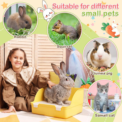 15 Pcs Rabbit Starter Kit Small Rabbit Litter Box Girls Gift Animal Grooming Kit Bunny Toys Bowl Blankets with Cleaning Set for Guinea Pig Accessories(Yellow)