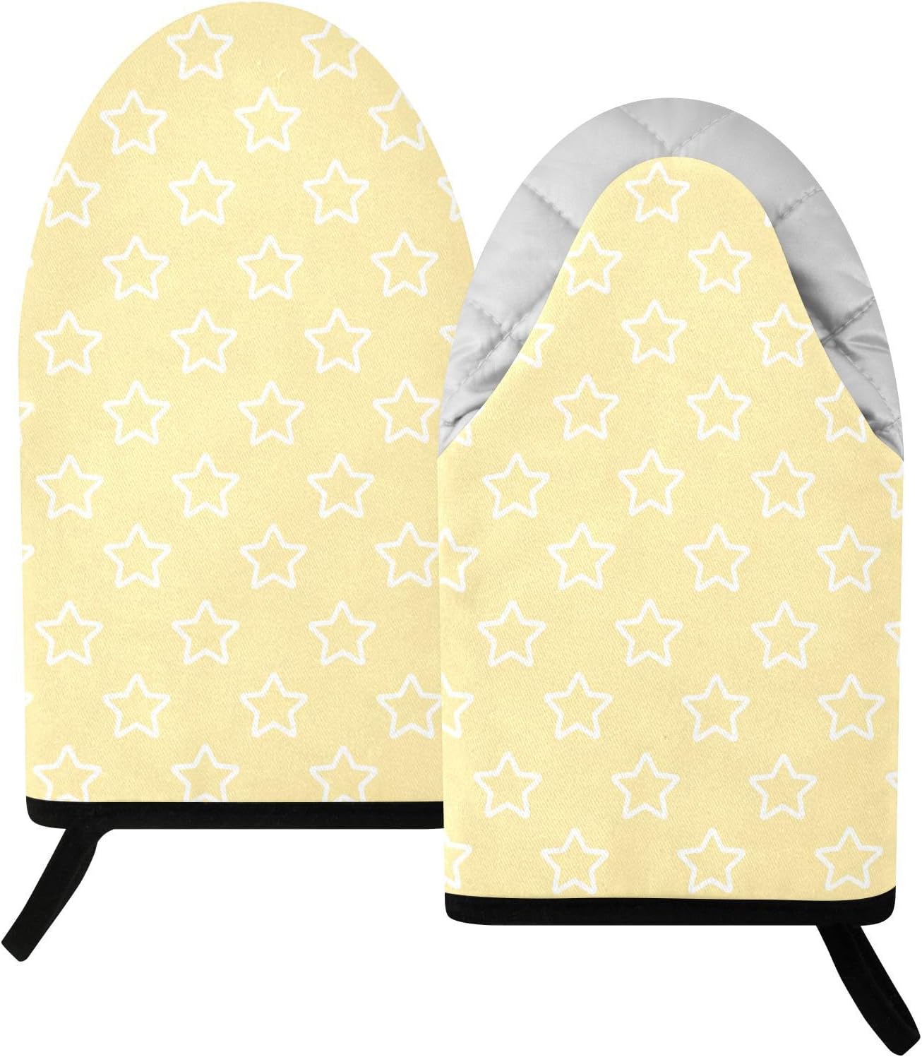 Stars Shape Light Yellow Oven Mitts Short Kitchen Oven Gloves | 2-Pack Heat Resistant Cotton Baking Gloves with Hanging Loop, 9.5x5.7 in