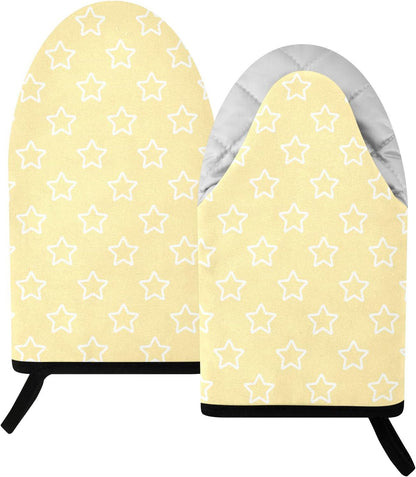 Stars Shape Light Yellow Oven Mitts Short Kitchen Oven Gloves | 2-Pack Heat Resistant Cotton Baking Gloves with Hanging Loop, 9.5x5.7 in