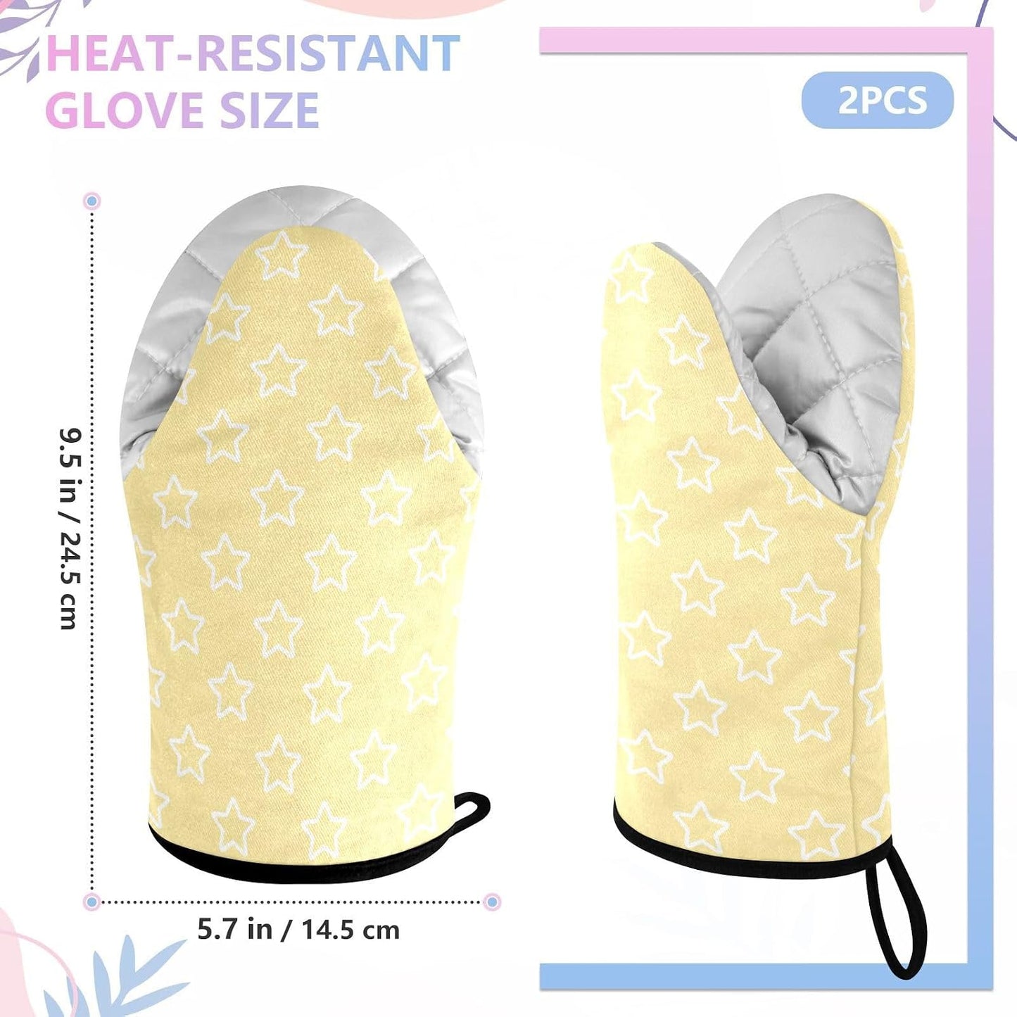 Stars Shape Light Yellow Oven Mitts Short Kitchen Oven Gloves | 2-Pack Heat Resistant Cotton Baking Gloves with Hanging Loop, 9.5x5.7 in