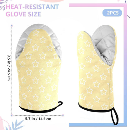 Stars Shape Light Yellow Oven Mitts Short Kitchen Oven Gloves | 2-Pack Heat Resistant Cotton Baking Gloves with Hanging Loop, 9.5x5.7 in