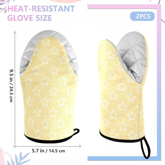Stars Shape Light Yellow Oven Mitts Short Kitchen Oven Gloves | 2-Pack Heat Resistant Cotton Baking Gloves with Hanging Loop, 9.5x5.7 in