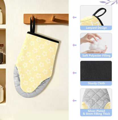 Stars Shape Light Yellow Oven Mitts Short Kitchen Oven Gloves | 2-Pack Heat Resistant Cotton Baking Gloves with Hanging Loop, 9.5x5.7 in