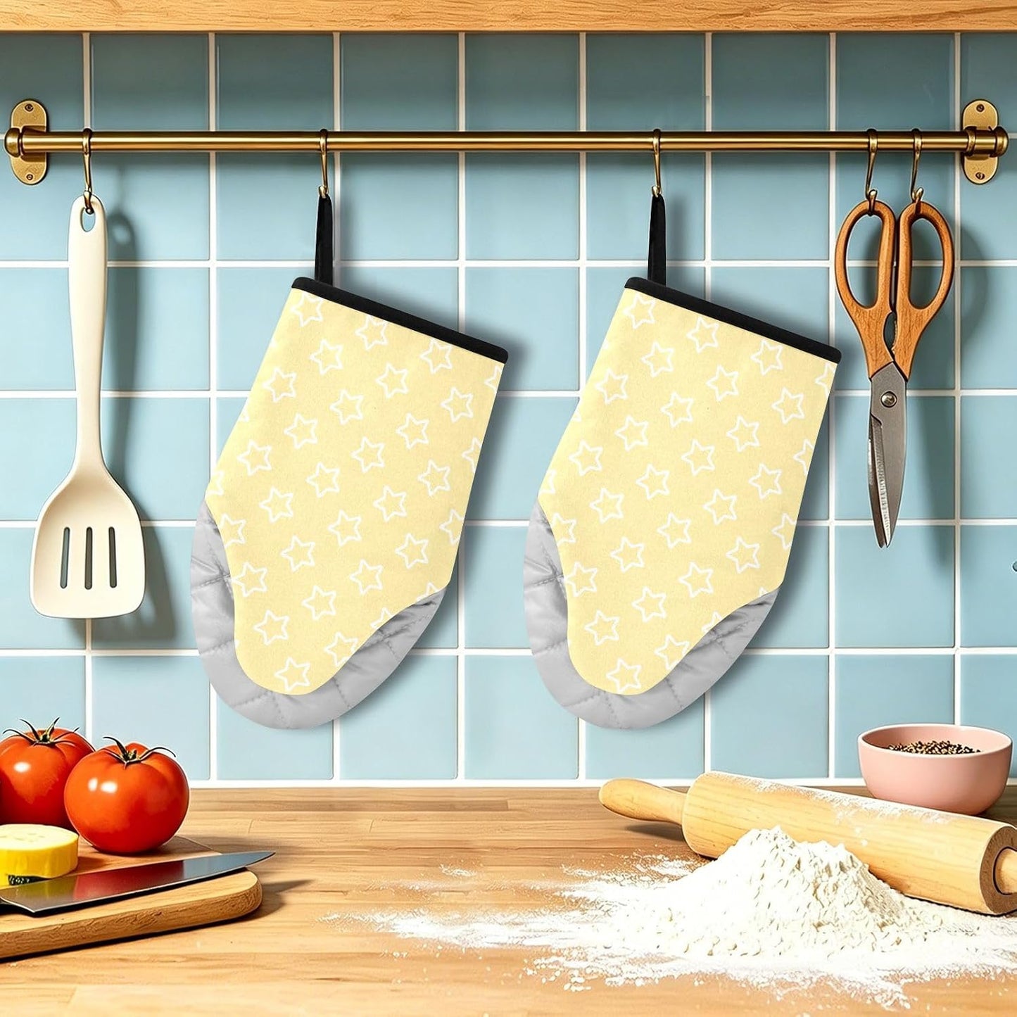 Stars Shape Light Yellow Oven Mitts Short Kitchen Oven Gloves | 2-Pack Heat Resistant Cotton Baking Gloves with Hanging Loop, 9.5x5.7 in