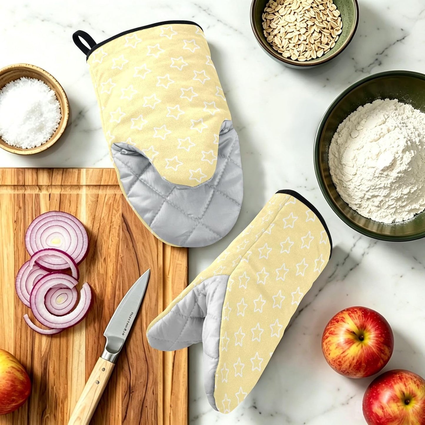 Stars Shape Light Yellow Oven Mitts Short Kitchen Oven Gloves | 2-Pack Heat Resistant Cotton Baking Gloves with Hanging Loop, 9.5x5.7 in