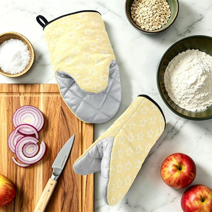 Stars Shape Light Yellow Oven Mitts Short Kitchen Oven Gloves | 2-Pack Heat Resistant Cotton Baking Gloves with Hanging Loop, 9.5x5.7 in