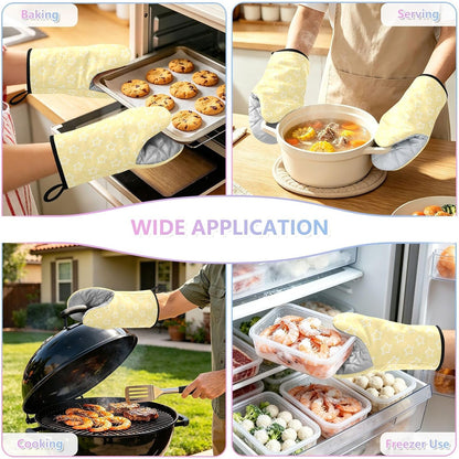 Stars Shape Light Yellow Oven Mitts Short Kitchen Oven Gloves | 2-Pack Heat Resistant Cotton Baking Gloves with Hanging Loop, 9.5x5.7 in