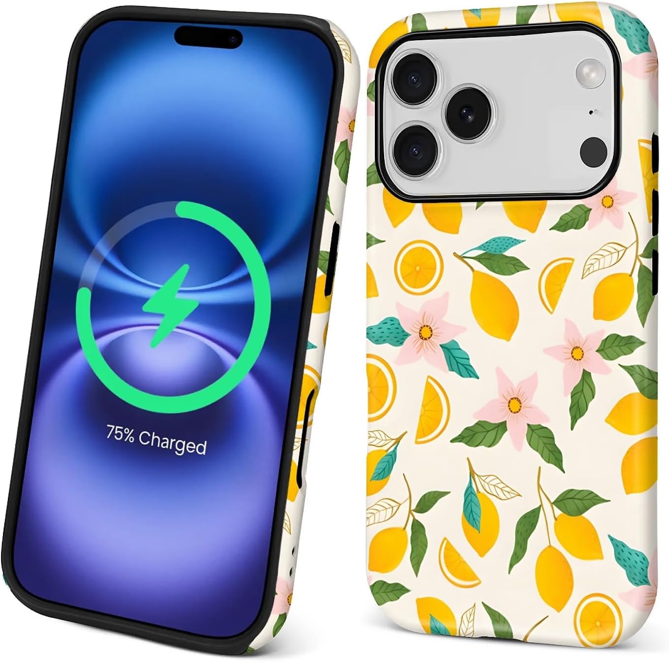 Case for iPhone 17 Pro,[Compatible with MagSafe],Anti Drop Scratch Protective Magnetic Cover for Women Girl-Lemon Pink Flower Pattern