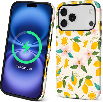 Case for iPhone 17 Pro,[Compatible with MagSafe],Anti Drop Scratch Protective Magnetic Cover for Women Girl-Lemon Pink Flower Pattern