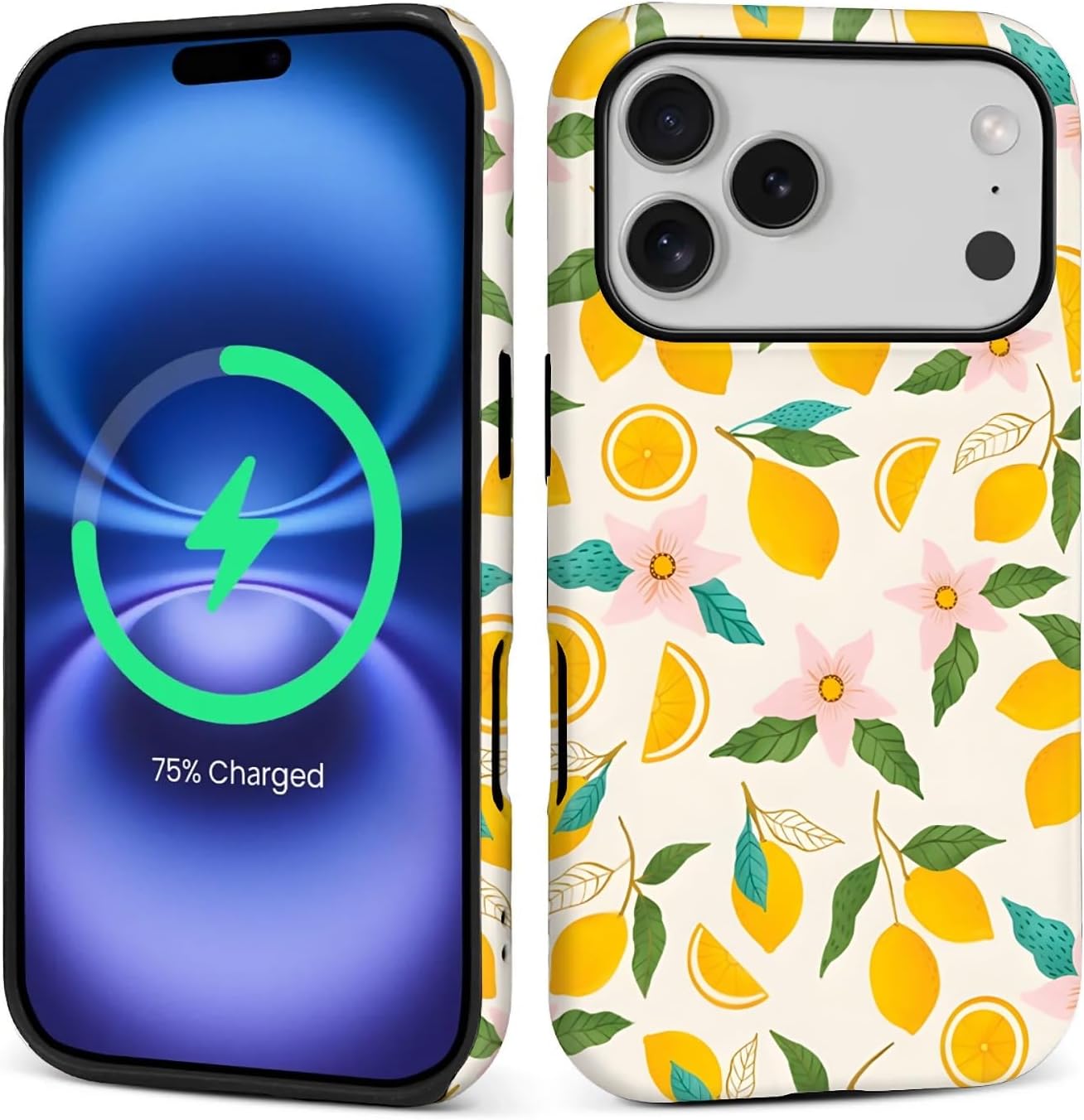 Case for iPhone 17 Pro,[Compatible with MagSafe],Anti Drop Scratch Protective Magnetic Cover for Women Girl-Lemon Pink Flower Pattern