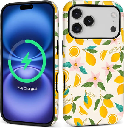 Case for iPhone 17 Pro,[Compatible with MagSafe],Anti Drop Scratch Protective Magnetic Cover for Women Girl-Lemon Pink Flower Pattern
