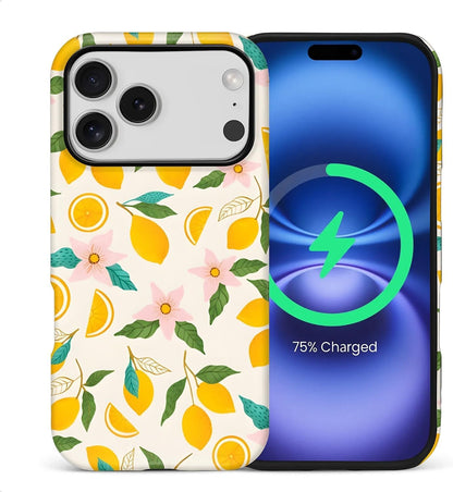 Case for iPhone 17 Pro,[Compatible with MagSafe],Anti Drop Scratch Protective Magnetic Cover for Women Girl-Lemon Pink Flower Pattern