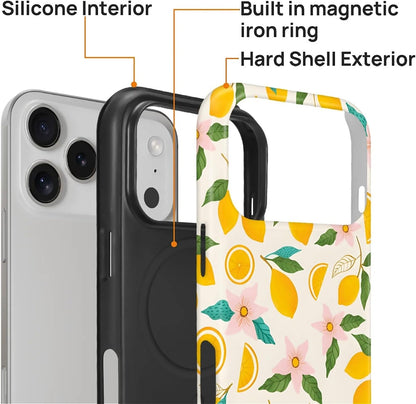 Case for iPhone 17 Pro,[Compatible with MagSafe],Anti Drop Scratch Protective Magnetic Cover for Women Girl-Lemon Pink Flower Pattern