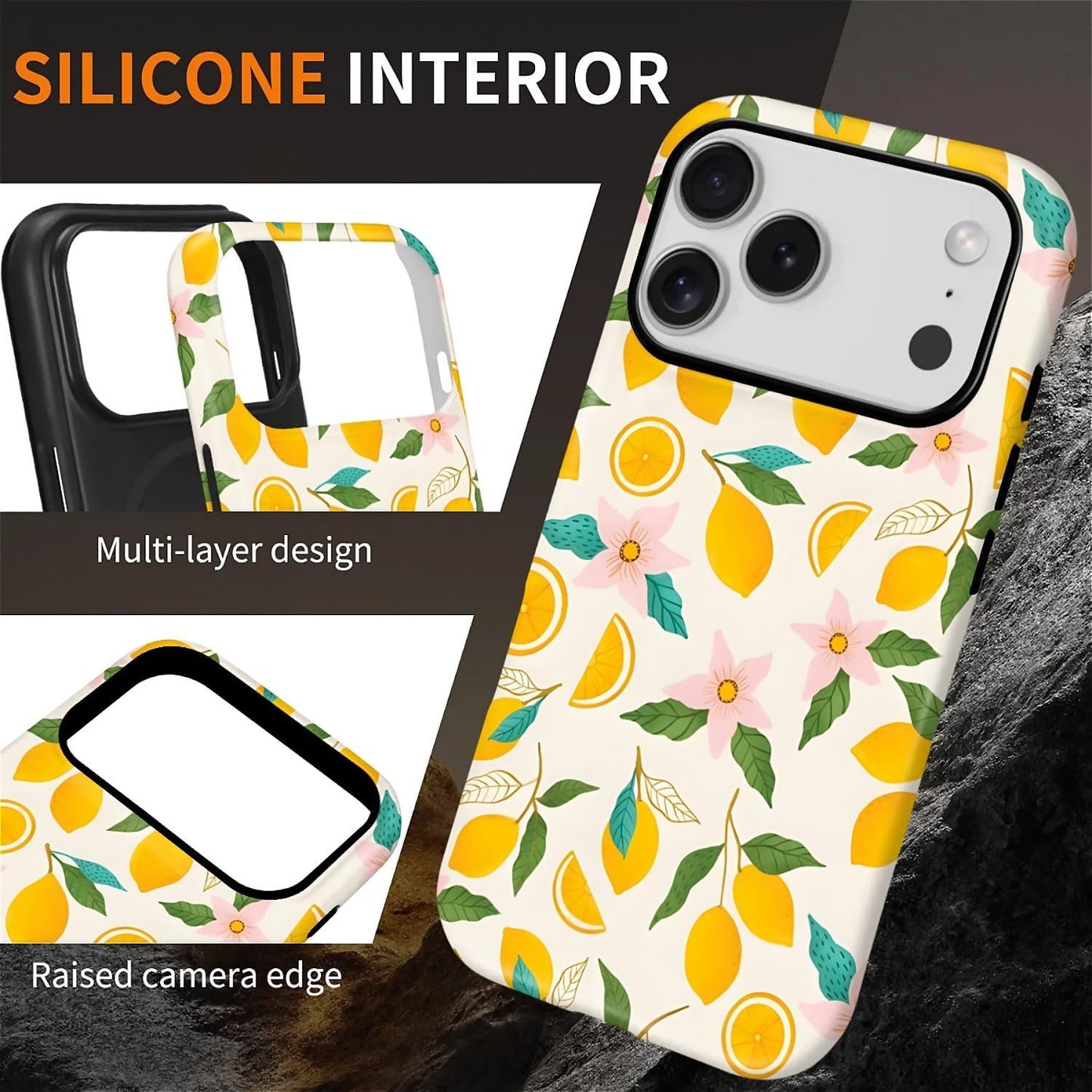 Case for iPhone 17 Pro,[Compatible with MagSafe],Anti Drop Scratch Protective Magnetic Cover for Women Girl-Lemon Pink Flower Pattern