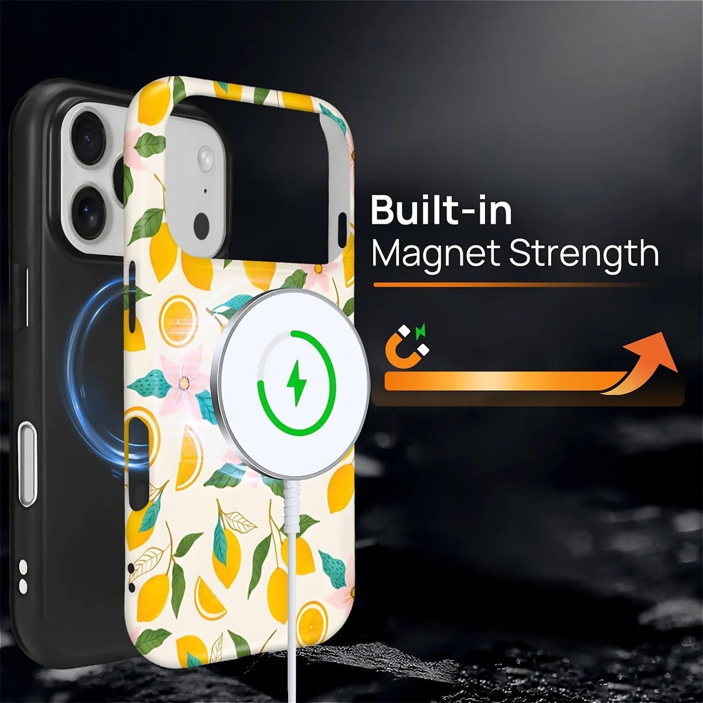 Case for iPhone 17 Pro,[Compatible with MagSafe],Anti Drop Scratch Protective Magnetic Cover for Women Girl-Lemon Pink Flower Pattern