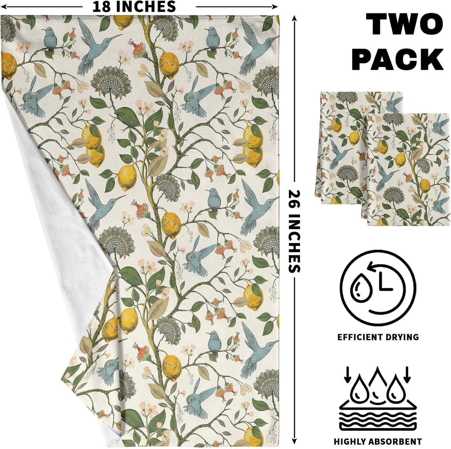 Lemon Birds Kitchen Towels Set of 2 Dish Towels Kitchen Hand Towels Machine Washable, Lightweight Style, for Women, New Home Celebration, Kitchen Decor Home Decorations