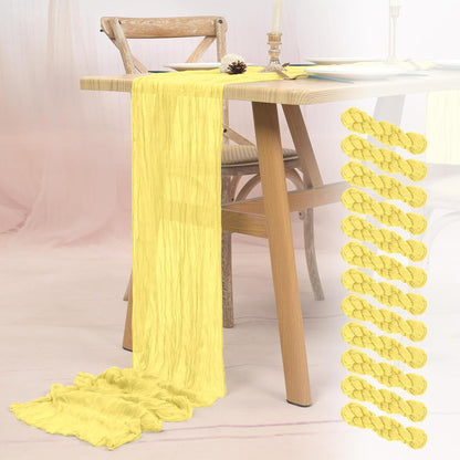 12 Pack Light Yellow Cheesecloth Table Runner 10FT Boho Gauze Cheese Cloth Table Runner Rustic Sheer Fabric Table Runners for Wedding Bridal Shower Baby Shower Party(21.5×120 Inch)