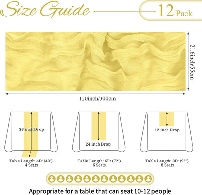 12 Pack Light Yellow Cheesecloth Table Runner 10FT Boho Gauze Cheese Cloth Table Runner Rustic Sheer Fabric Table Runners for Wedding Bridal Shower Baby Shower Party(21.5×120 Inch)