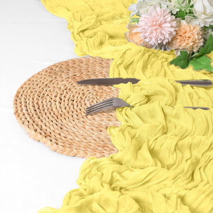 12 Pack Light Yellow Cheesecloth Table Runner 10FT Boho Gauze Cheese Cloth Table Runner Rustic Sheer Fabric Table Runners for Wedding Bridal Shower Baby Shower Party(21.5×120 Inch)