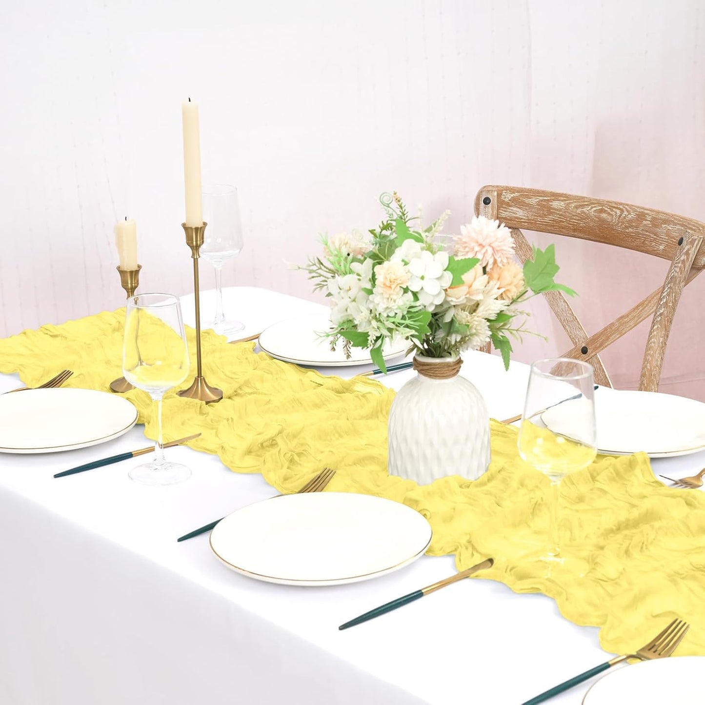 12 Pack Light Yellow Cheesecloth Table Runner 10FT Boho Gauze Cheese Cloth Table Runner Rustic Sheer Fabric Table Runners for Wedding Bridal Shower Baby Shower Party(21.5×120 Inch)