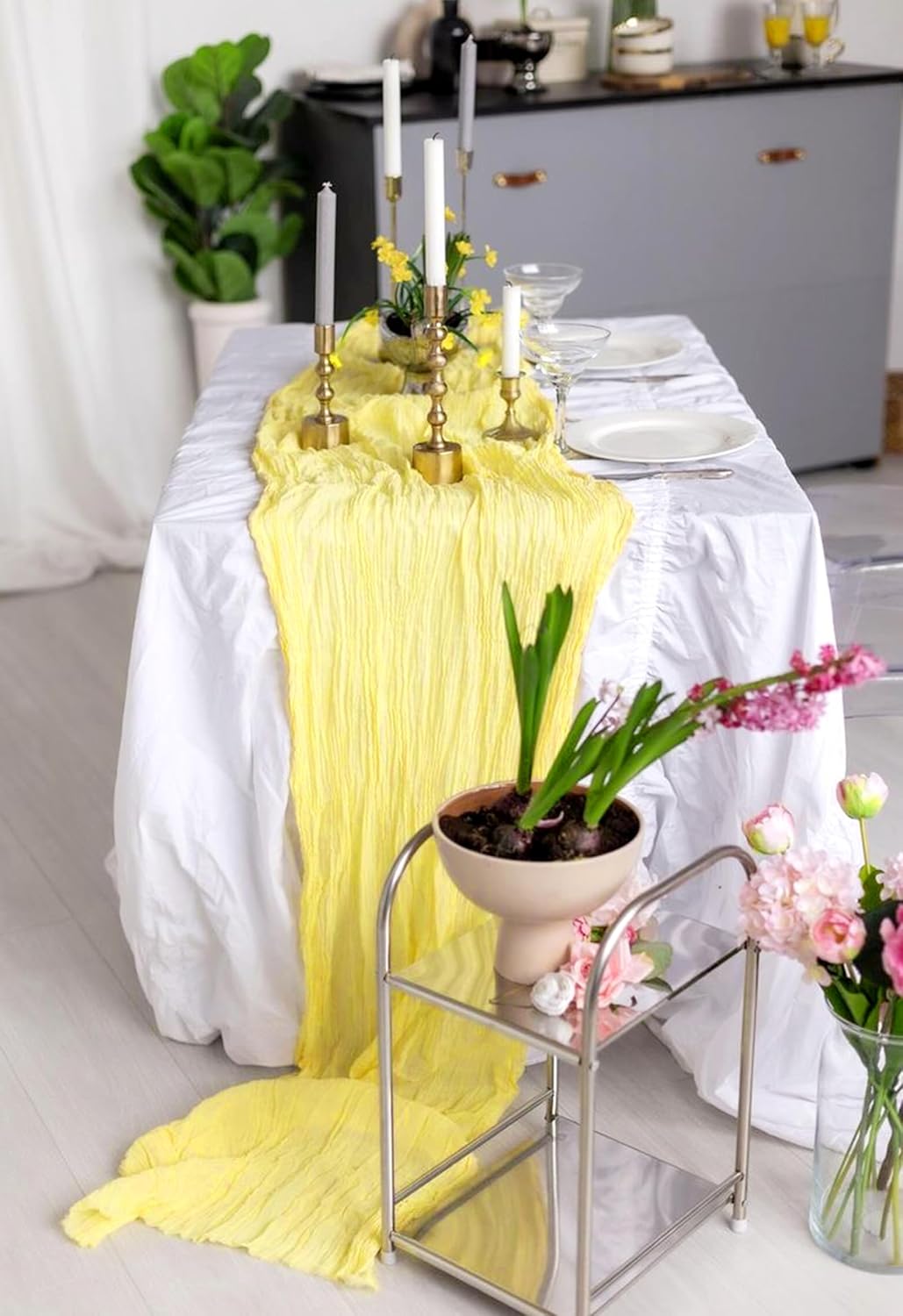 12 Pack Light Yellow Cheesecloth Table Runner 10FT Boho Gauze Cheese Cloth Table Runner Rustic Sheer Fabric Table Runners for Wedding Bridal Shower Baby Shower Party(21.5×120 Inch)