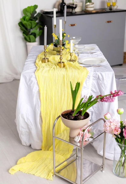12 Pack Light Yellow Cheesecloth Table Runner 10FT Boho Gauze Cheese Cloth Table Runner Rustic Sheer Fabric Table Runners for Wedding Bridal Shower Baby Shower Party(21.5×120 Inch)