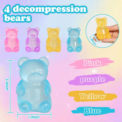 4pc Stress Gummy Bear Squishy Stress Balls for Adults Kids Fidget Toy | for Your Best Mellow and Chill Bear Shape squeeze Fidget Toys for Kids Adult, Party Favors Anxiety Relief