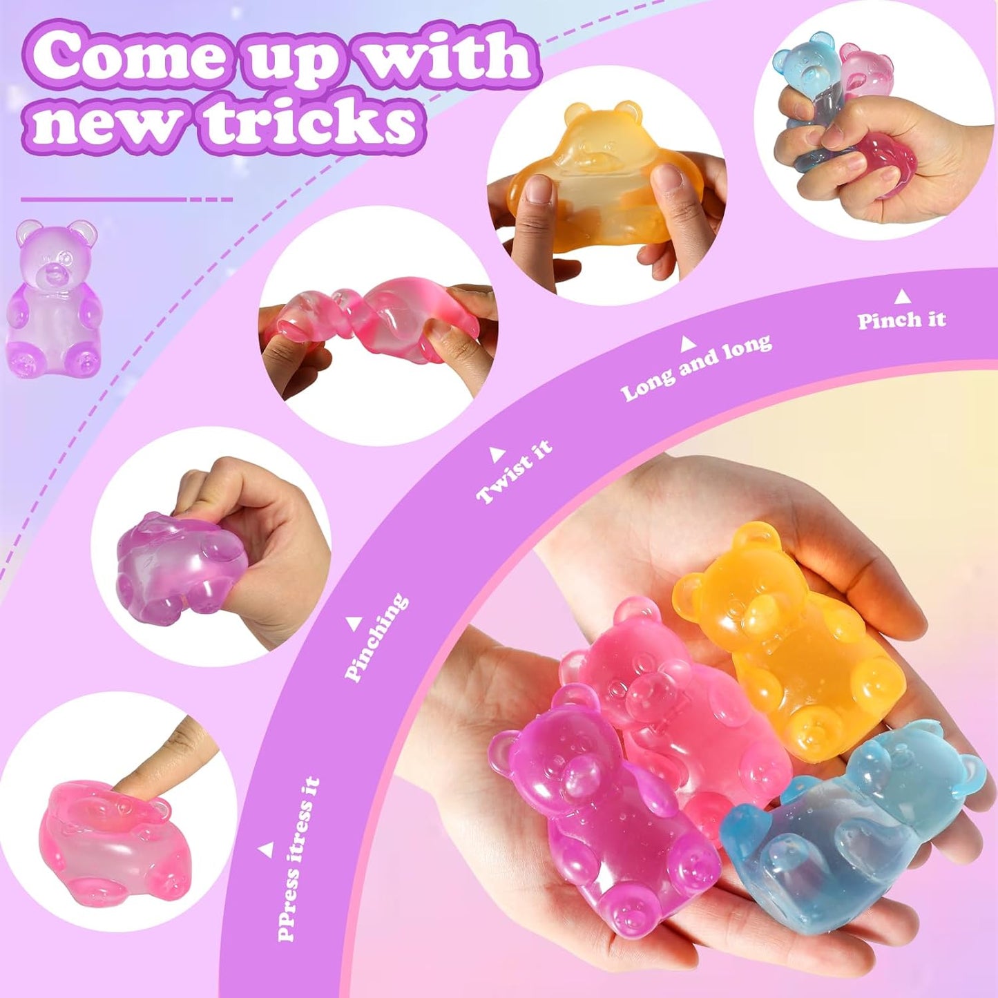 4pc Stress Gummy Bear Squishy Stress Balls for Adults Kids Fidget Toy | for Your Best Mellow and Chill Bear Shape squeeze Fidget Toys for Kids Adult, Party Favors Anxiety Relief
