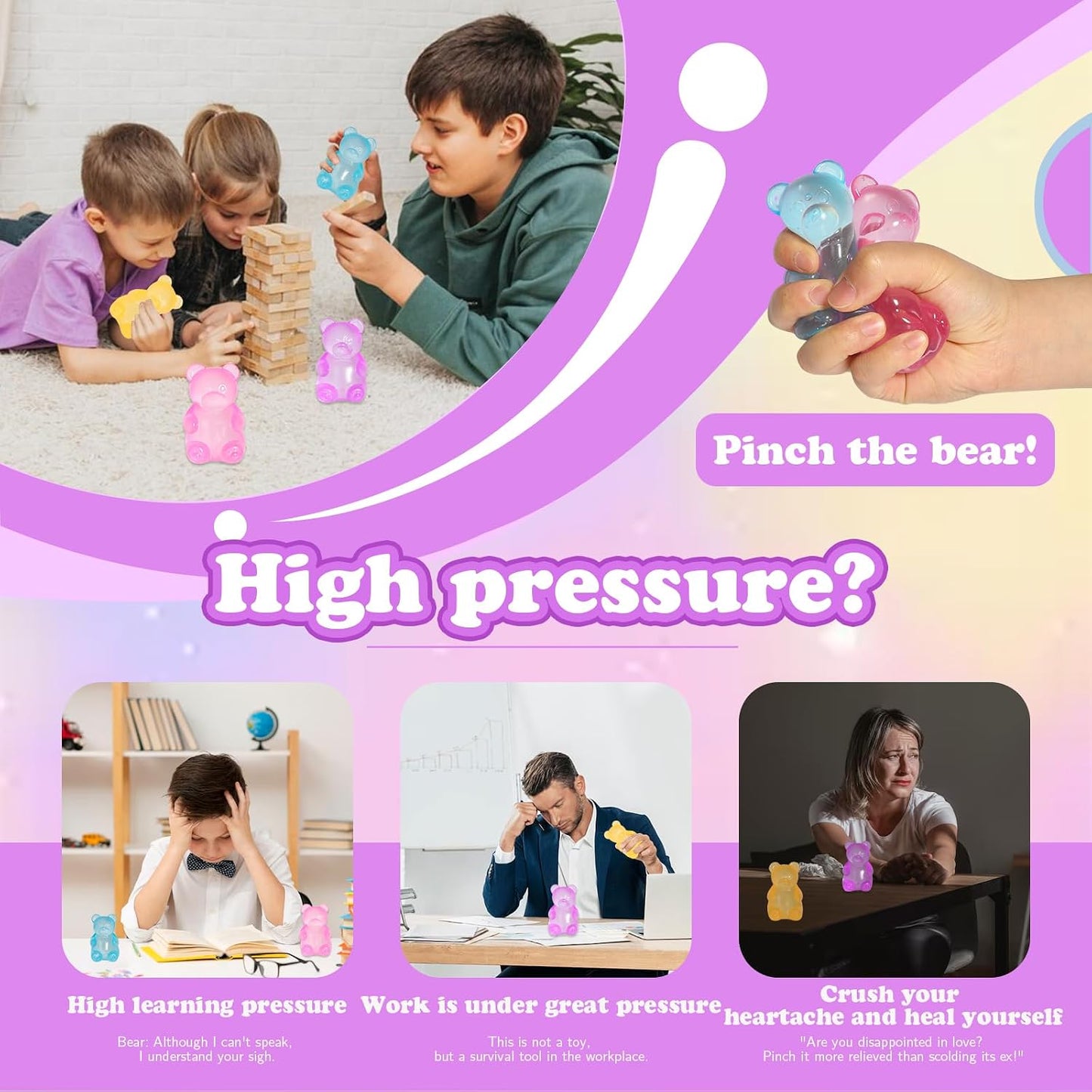 4pc Stress Gummy Bear Squishy Stress Balls for Adults Kids Fidget Toy | for Your Best Mellow and Chill Bear Shape squeeze Fidget Toys for Kids Adult, Party Favors Anxiety Relief